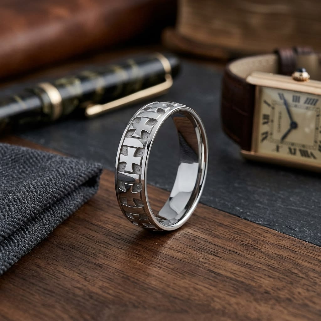 6mm Comfort-Fit Wedding Band in 14K White Gold, on walnut surface with pocket square