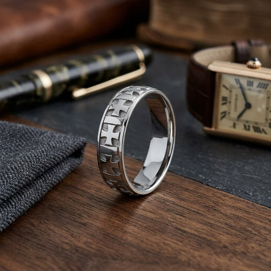 6mm Comfort-Fit Wedding Band in 14K White Gold, on walnut surface with pocket square