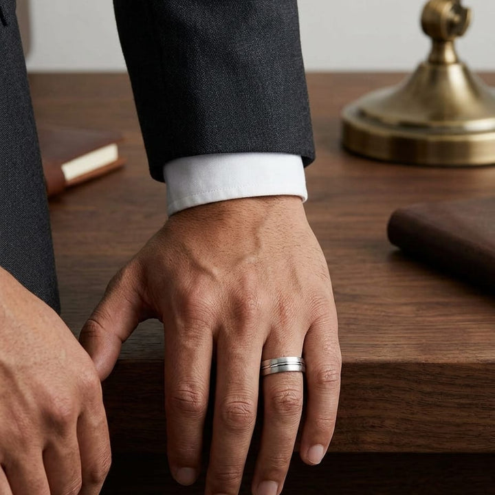 6mm Satin Finish High Polished Center Cut Carved Wedding Band in 14K White Gold, worn on hand, masculine full view