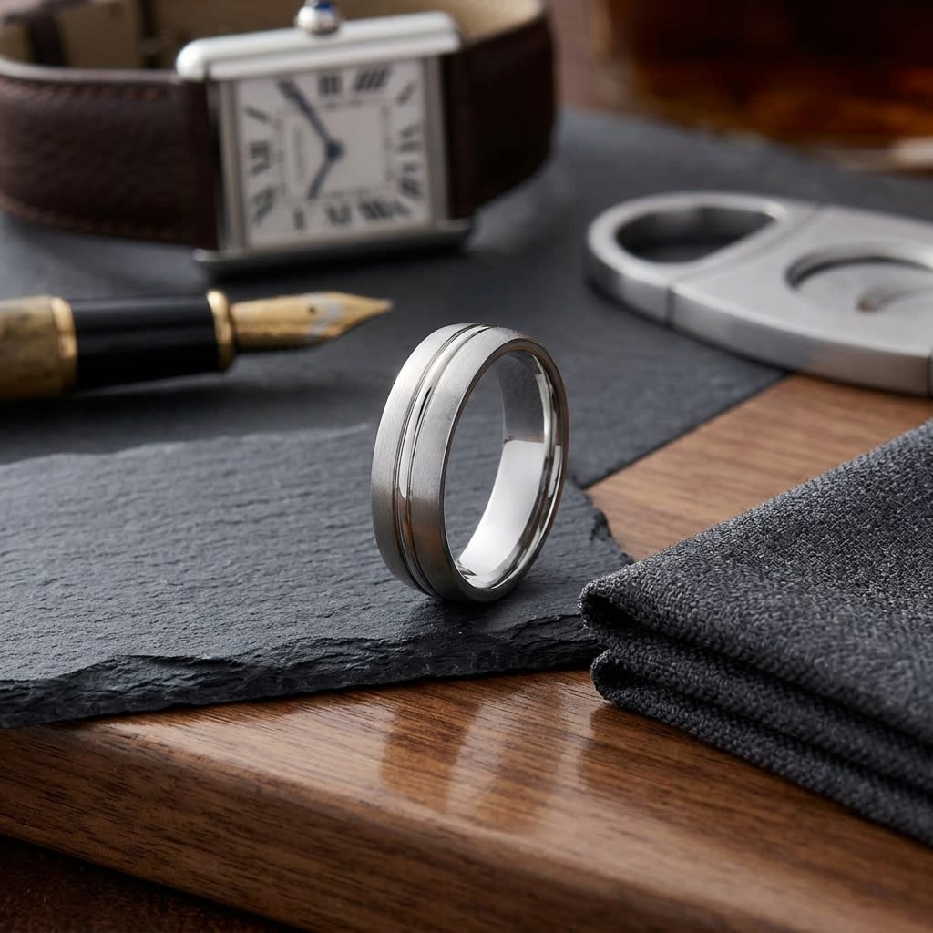 6mm Satin Finish High Polished Center Cut Carved Wedding Band in 14K White Gold, on walnut surface with pocket square