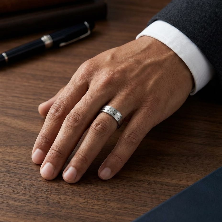 6mm Satin Finish Parallel Center Cut Carved Wedding Band in 14K White Gold, worn on hand, masculine full view