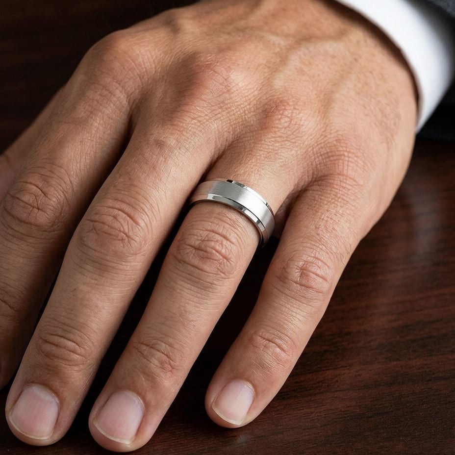 6mm Satin Finish High Polished Beveled Edge Carved Wedding Band in 14K White Gold, worn on hand, masculine close-up