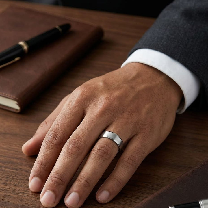 6mm Satin Finish High Polished Beveled Edge Carved Wedding Band in 14K White Gold, worn on hand, masculine full view
