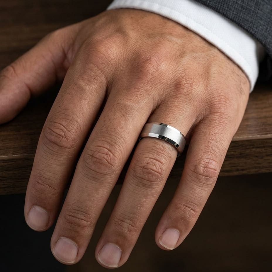 7mm Satin Finish High Polished Beveled Edge Carved Wedding Band in 14K White Gold, worn on hand, masculine close-up