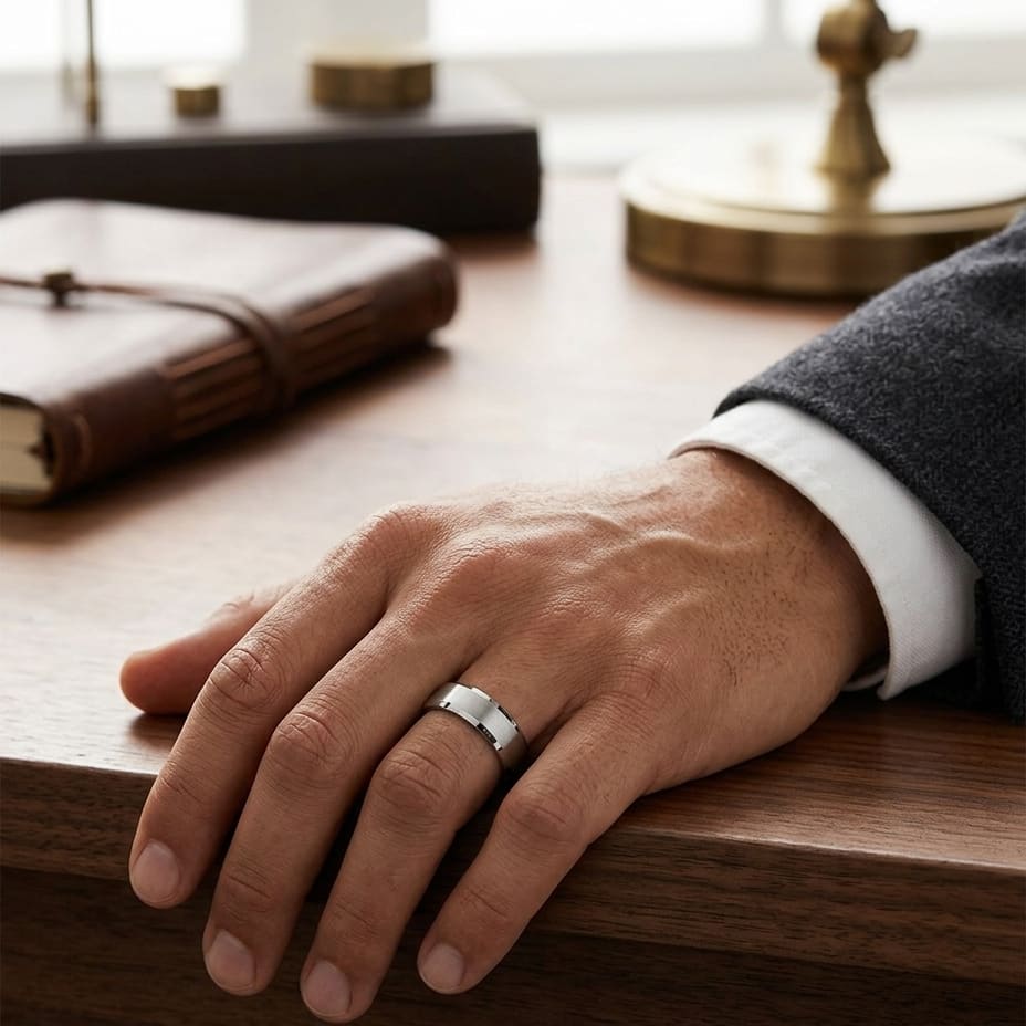 7mm Satin Finish High Polished Beveled Edge Carved Wedding Band in 14K White Gold, worn on hand, masculine full view