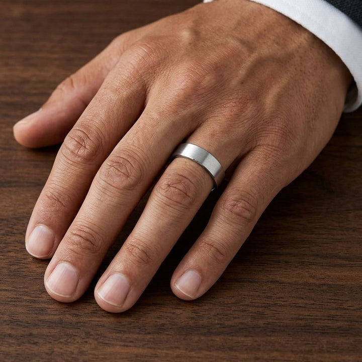 6mm Satin Finish Carved Wedding Band in 14K White Gold, worn on hand, masculine close-up