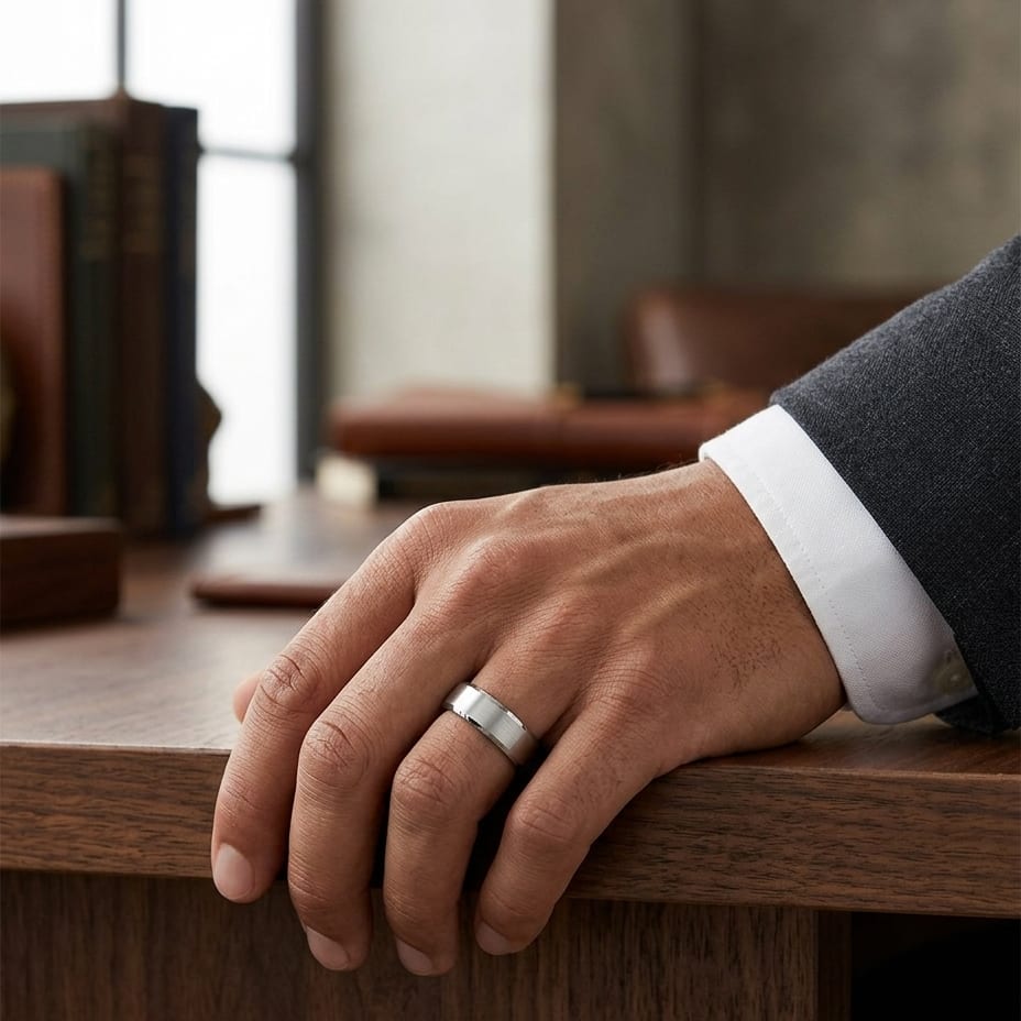 6mm Satin Finish Carved Wedding Band in 14K White Gold, worn on hand, masculine full view