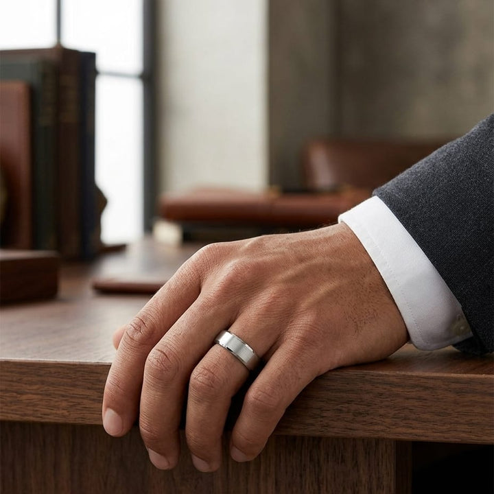 6mm Satin Finish Carved Wedding Band in 14K White Gold, worn on hand, masculine full view