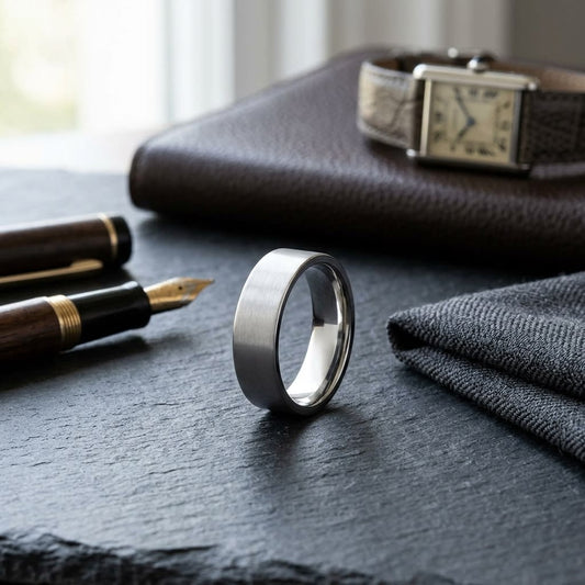 6mm Satin Finish Carved Wedding Band in 14K White Gold, on walnut surface with pocket square