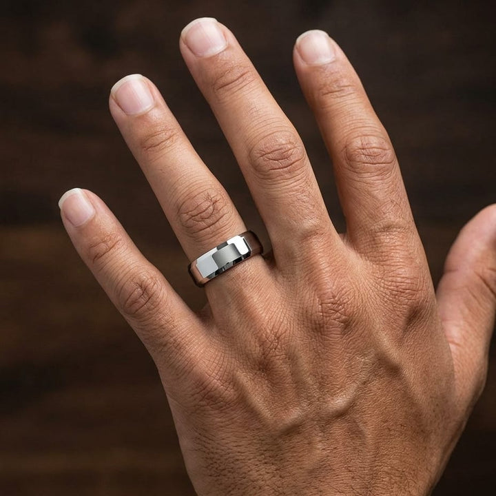 6mm High Polish Carved Wedding Band in 14K White Gold, worn on hand, masculine close-up