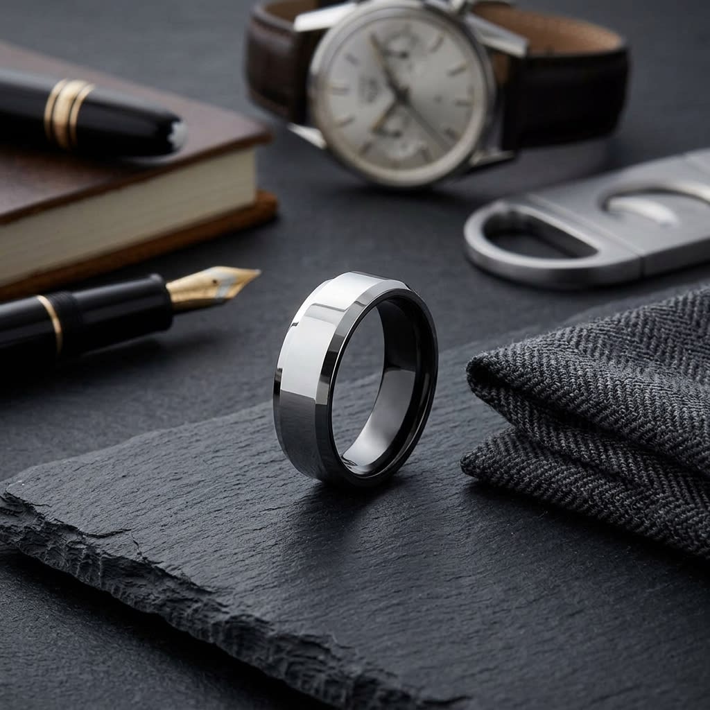 6mm High Polish Carved Wedding Band in 14K White Gold, on walnut surface with pocket square