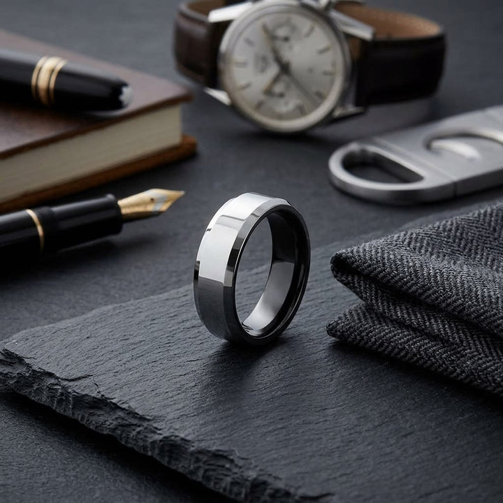 6mm High Polish Carved Wedding Band in 14K White Gold, on walnut surface with pocket square