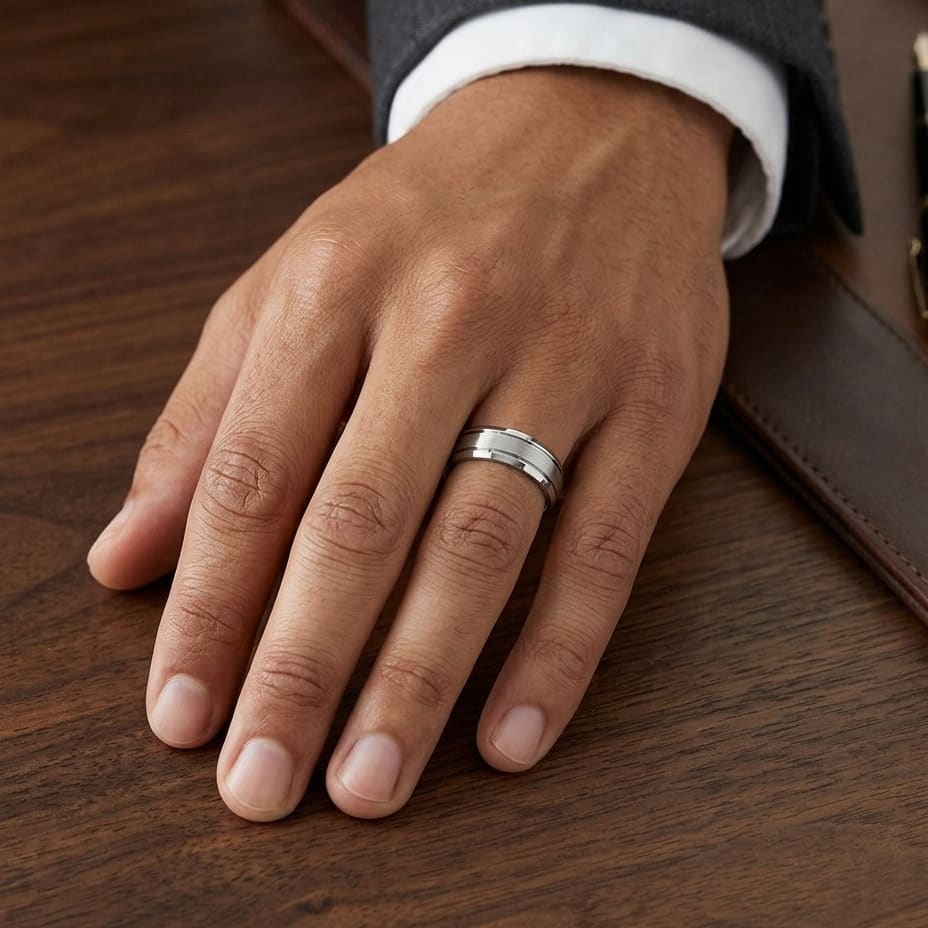 6mm Satin Finish High Polished Beveled Edge Carved Wedding Band in 14K White Gold, worn on hand, masculine full view