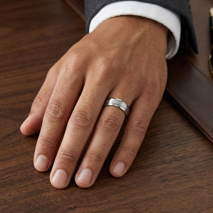6mm Satin Finish High Polished Beveled Edge Carved Wedding Band in 14K White Gold, worn on hand, masculine full view
