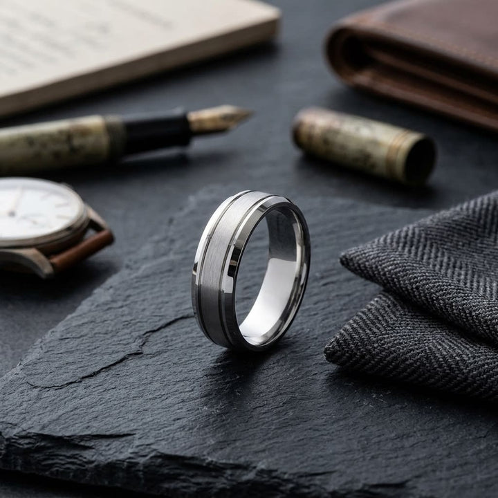 6mm Satin Finish High Polished Beveled Edge Carved Wedding Band in 14K White Gold, on walnut surface with pocket square
