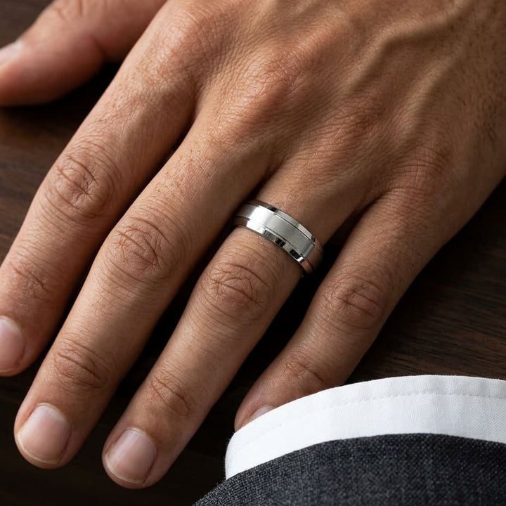 7mm Satin Finish High Polished Beveled Edge Carved Wedding Band in 14K White Gold, worn on hand, masculine close-up