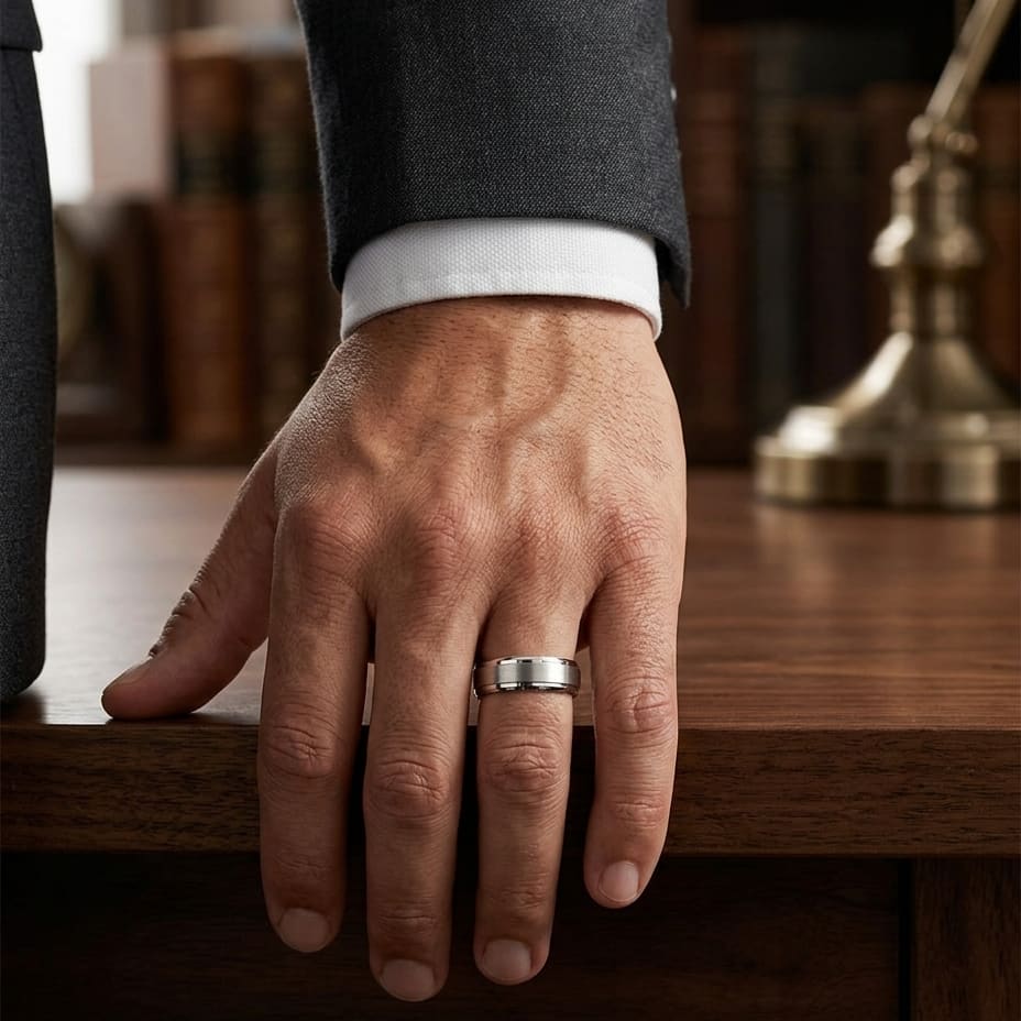7mm Satin Finish High Polished Beveled Edge Carved Wedding Band in 14K White Gold, worn on hand, masculine full view