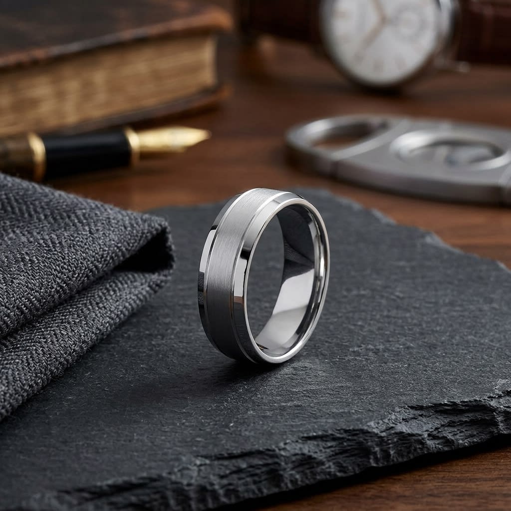 7mm Satin Finish High Polished Beveled Edge Carved Wedding Band in 14K White Gold, on walnut surface with pocket square