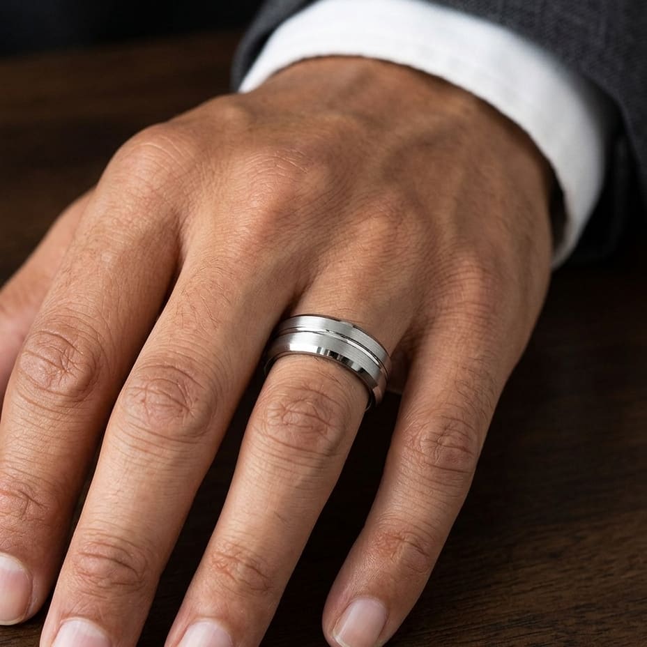 6mm Satin Finish Carved Wedding Band in 14K White Gold, worn on hand, masculine close-up