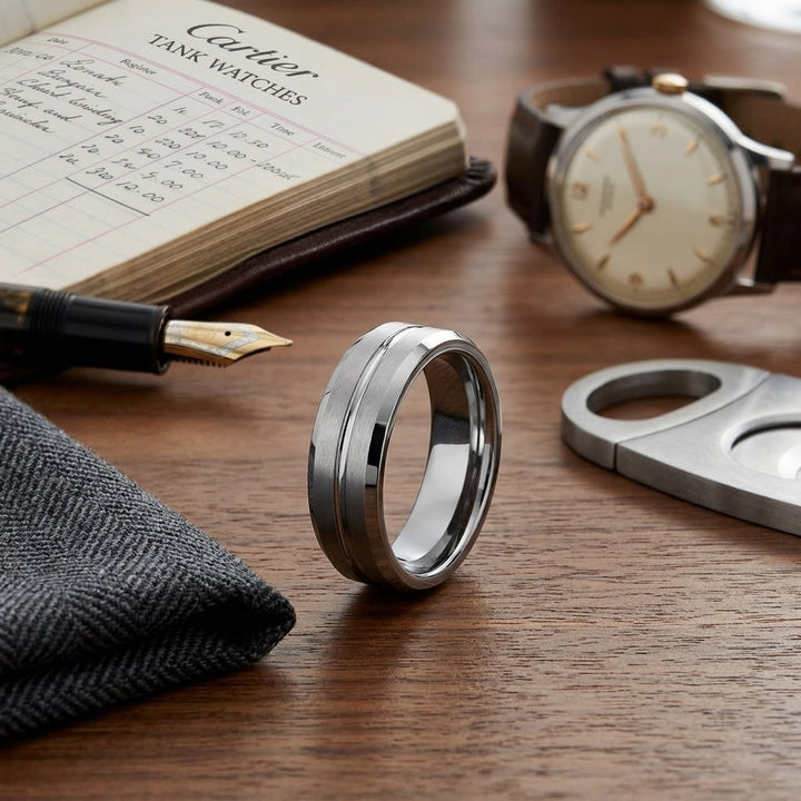 6mm Satin Finish Carved Wedding Band in 14K White Gold, on walnut surface with pocket square