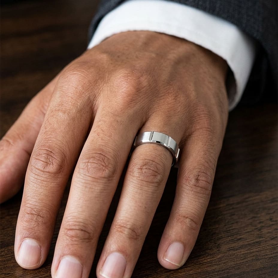 6mm Satin Finish Grooves Carved Wedding Band in 14K White Gold, worn on hand, masculine close-up