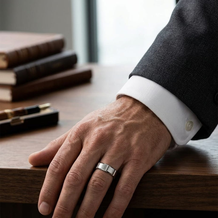 6mm Satin Finish Grooves Carved Wedding Band in 14K White Gold, worn on hand, masculine full view
