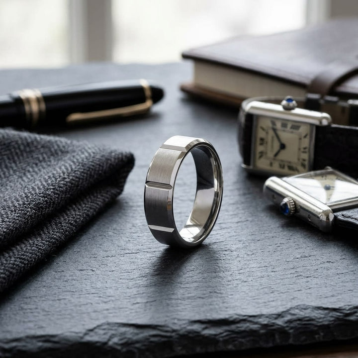 6mm Satin Finish Grooves Carved Wedding Band in 14K White Gold, on walnut surface with pocket square