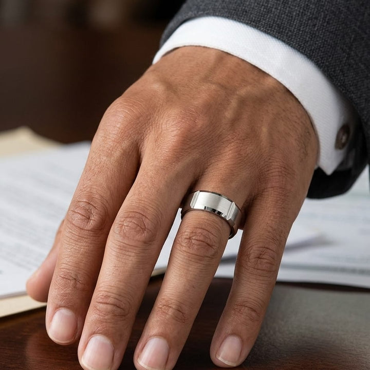 8mm Satin Finish Grooves Carved Wedding Band in 14K White Gold, worn on hand, masculine close-up