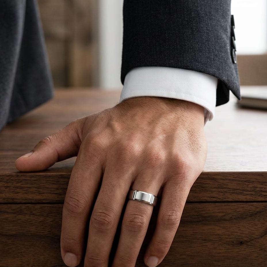 8mm Satin Finish Grooves Carved Wedding Band in 14K White Gold, worn on hand, masculine full view