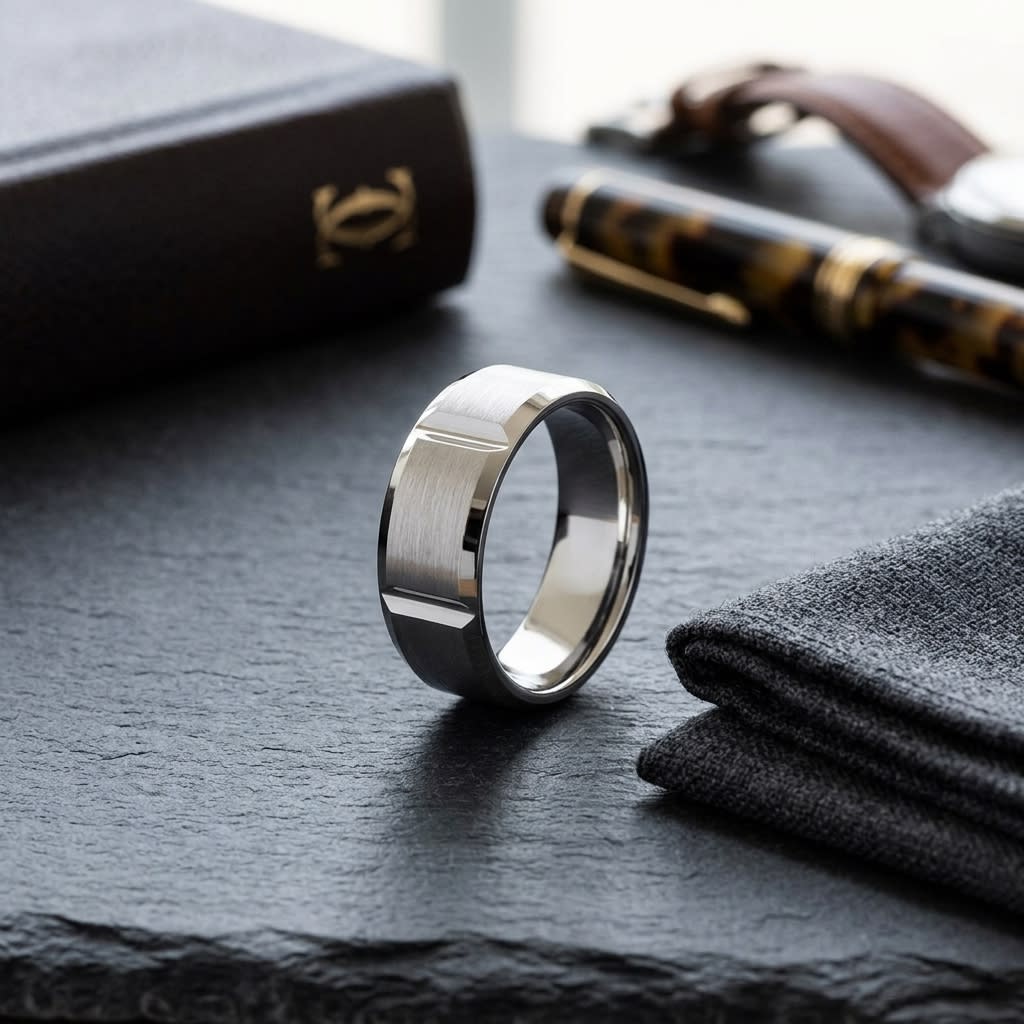 8mm Satin Finish Grooves Carved Wedding Band in 14K White Gold, on walnut surface with pocket square