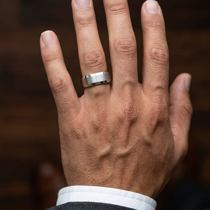 7mm Satin Finish Carved Wedding Band in 14K White Gold, worn on hand, masculine close-up
