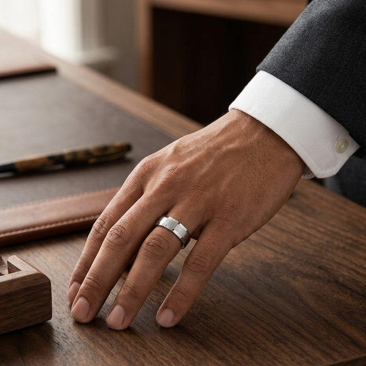 7mm Satin Finish Carved Wedding Band in 14K White Gold, worn on hand, masculine full view