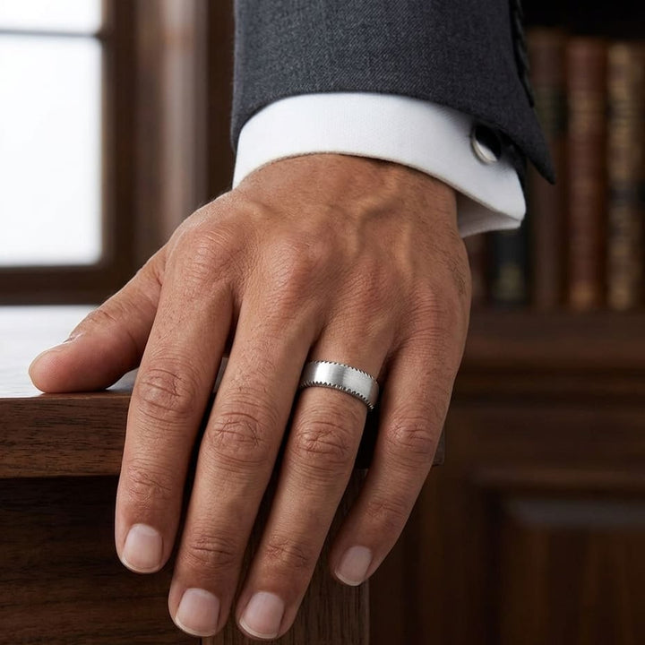 7.5mm Satin Finish Carved Wedding Band in 14K White Gold, worn on hand, masculine close-up