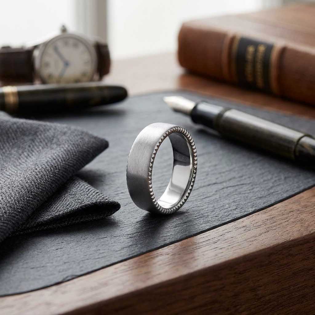 7.5mm Satin Finish Carved Wedding Band in 14K White Gold, on walnut surface with pocket square