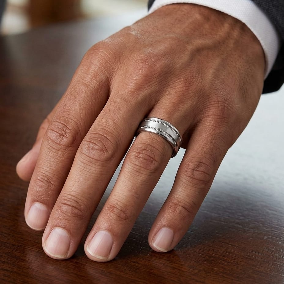 7.5mm Satin Finish Rope Carved Wedding Band in 14K White Gold, worn on hand, masculine close-up