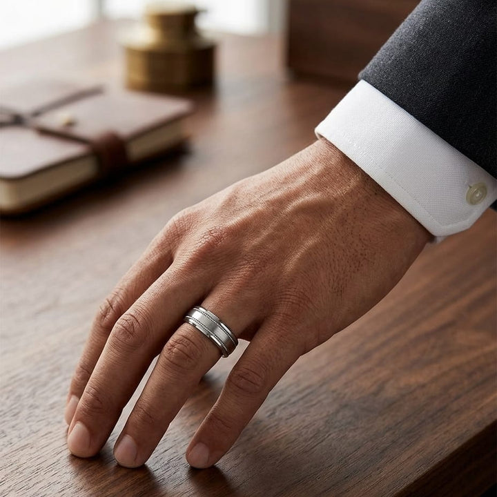 7.5mm Satin Finish Rope Carved Wedding Band in 14K White Gold, worn on hand, masculine full view