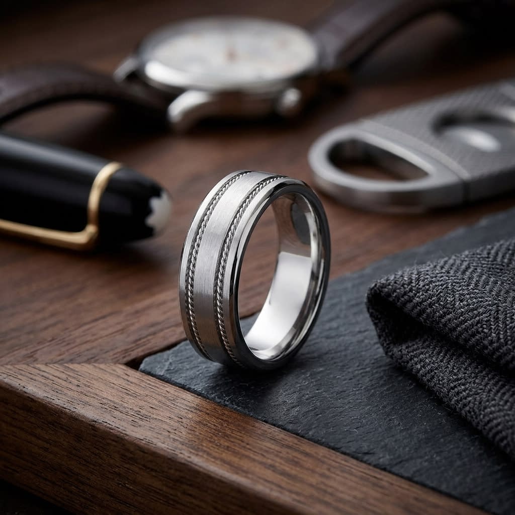 7.5mm Satin Finish Rope Carved Wedding Band in 14K White Gold, on walnut surface with pocket square