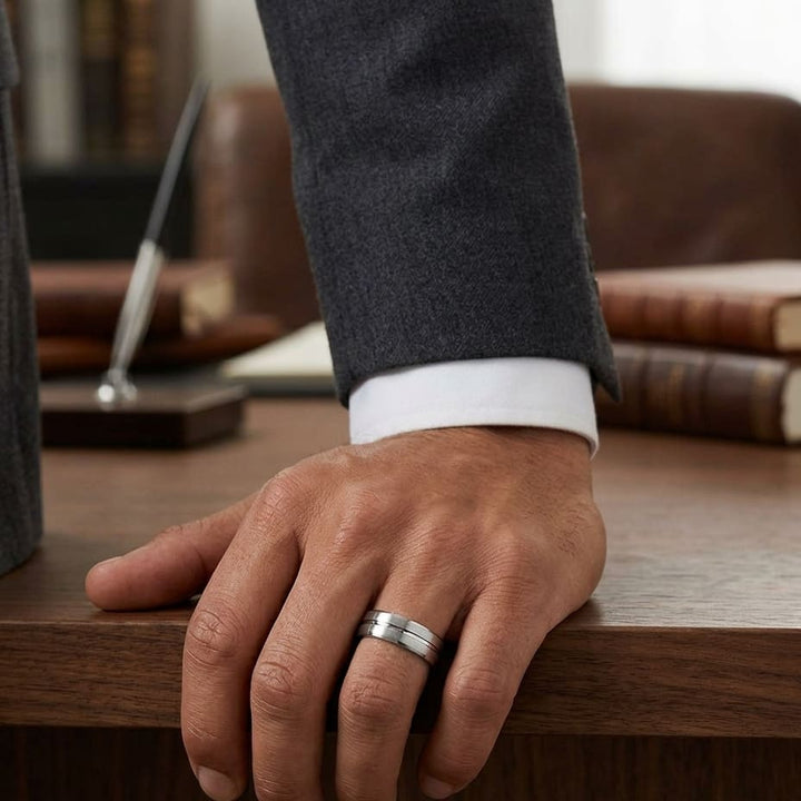 7.5mm Satin Finish High Polished Center Cut Carved Wedding Band in 14K White Gold, worn on hand, masculine full view