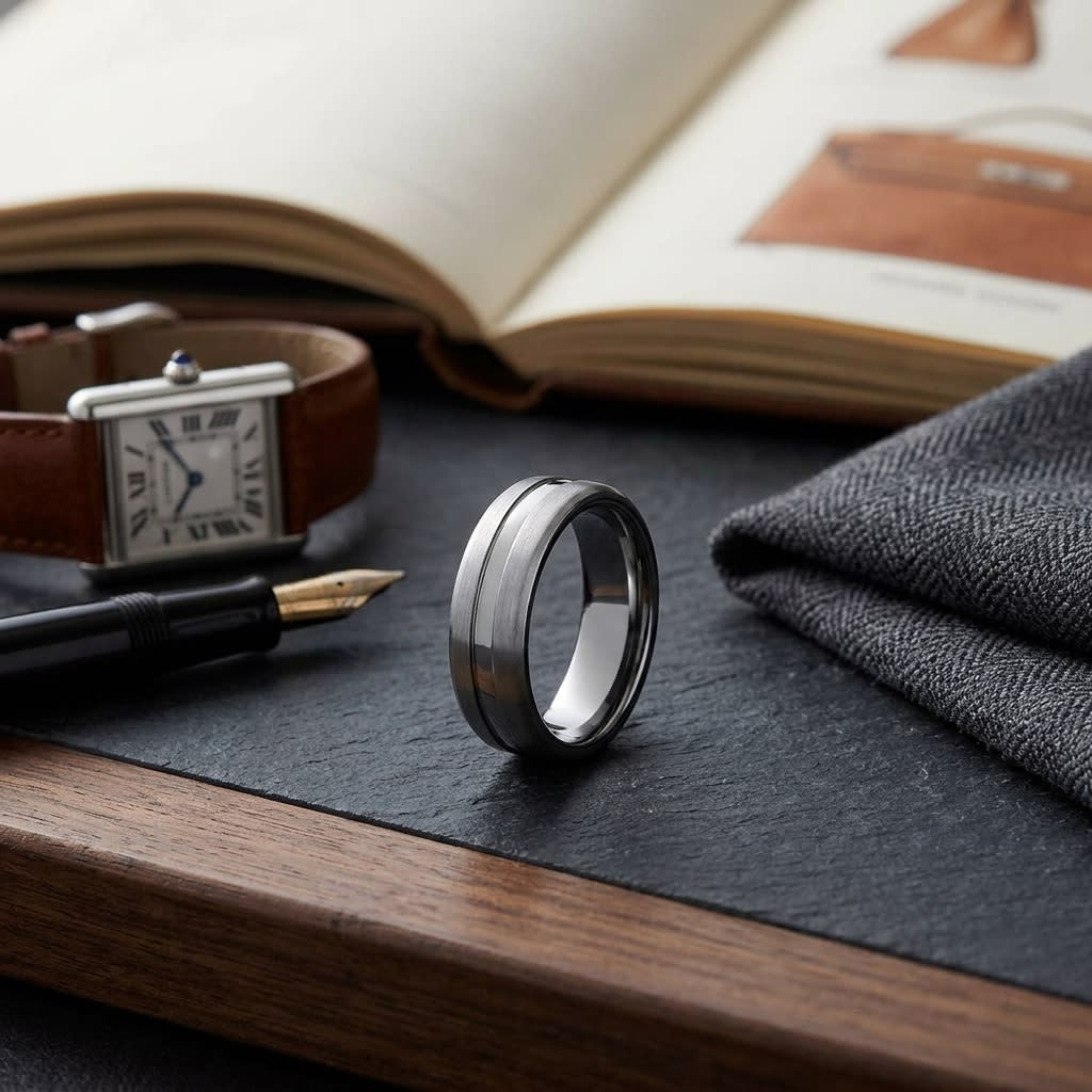 7.5mm Satin Finish High Polished Center Cut Carved Wedding Band in 14K White Gold, on walnut surface with pocket square