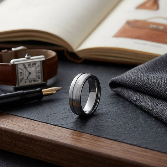 7.5mm Satin Finish High Polished Center Cut Carved Wedding Band in 14K White Gold, on walnut surface with pocket square