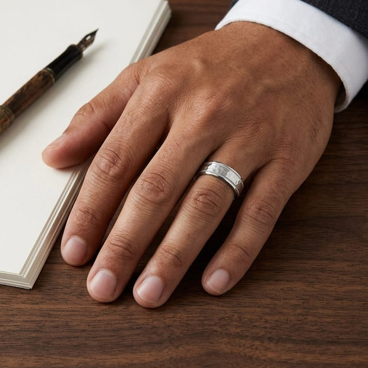 6mm Hammered Center High Polish Round Edge Carved Wedding Band in 14K White Gold, worn on hand, masculine full view