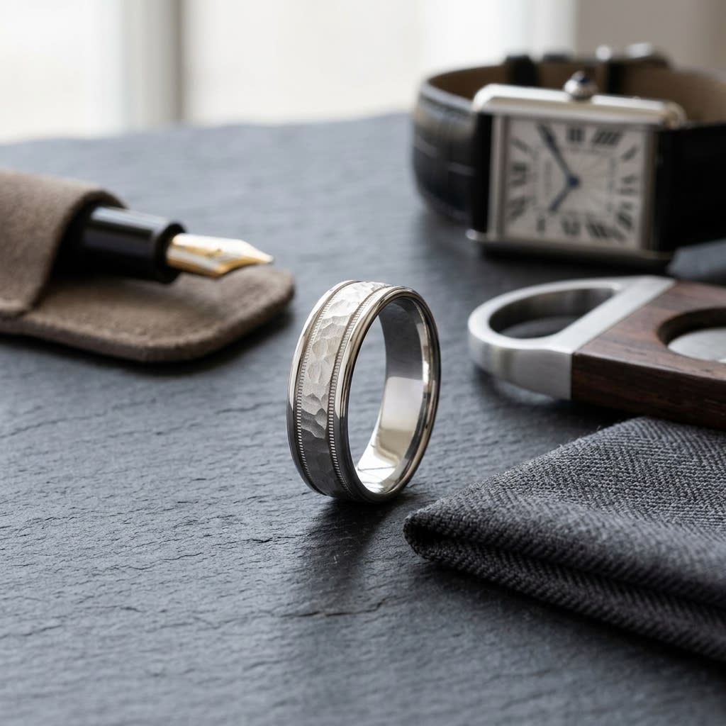 6mm Hammered Center High Polish Round Edge Carved Wedding Band in 14K White Gold, on walnut surface with pocket square