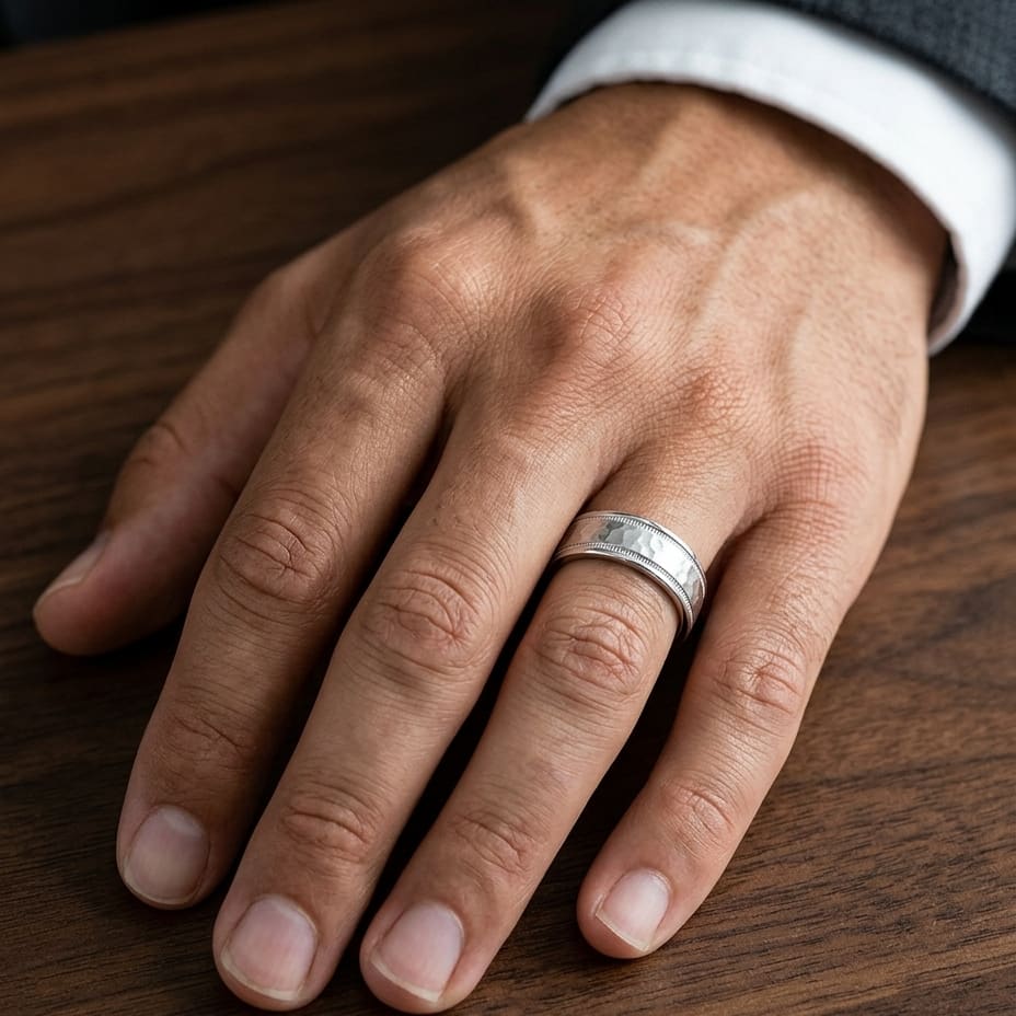 8mm Hammered Center High Polish Round Edge Carved Wedding Band in 14K White Gold, worn on hand, masculine close-up