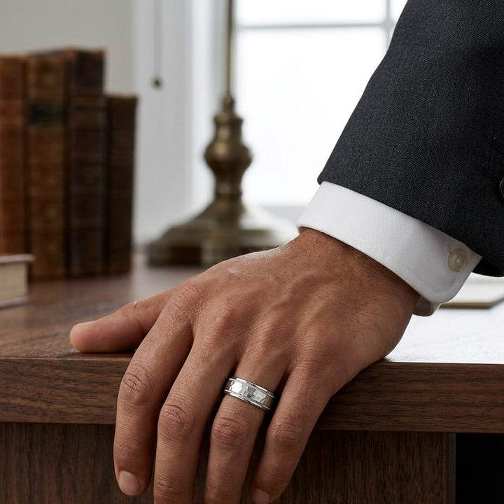 8mm Hammered Center High Polish Round Edge Carved Wedding Band in 14K White Gold, worn on hand, masculine full view