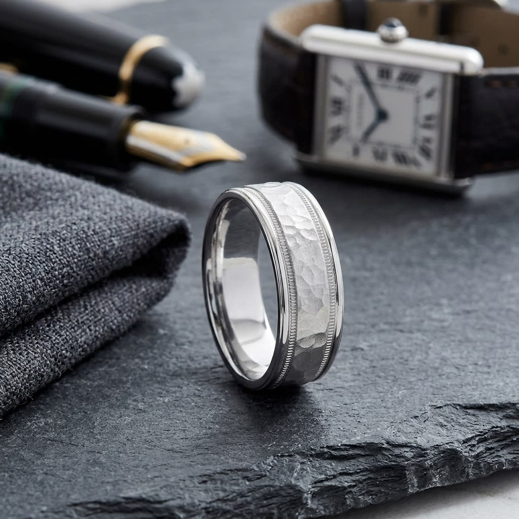 8mm Hammered Center High Polish Round Edge Carved Wedding Band in 14K White Gold, on walnut surface with pocket square