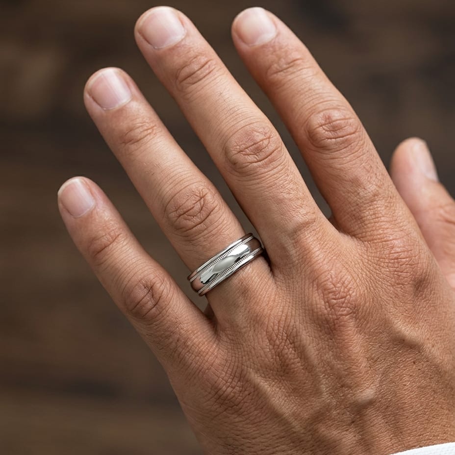 6mm High Polish Milgrain Round Edge Carved Wedding Band in 14K White Gold, worn on hand, masculine close-up