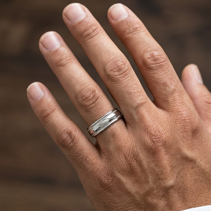 6mm High Polish Milgrain Round Edge Carved Wedding Band in 14K White Gold, worn on hand, masculine close-up