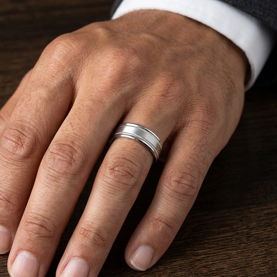 6mm Satin Finish Milgrain Round Edge Carved Wedding Band in 14K White Gold, worn on hand, masculine close-up