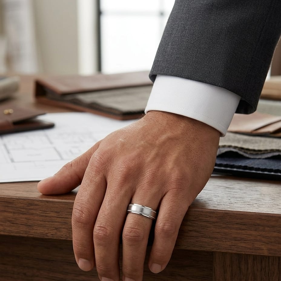 6mm Satin Finish Milgrain Round Edge Carved Wedding Band in 14K White Gold, worn on hand, masculine full view