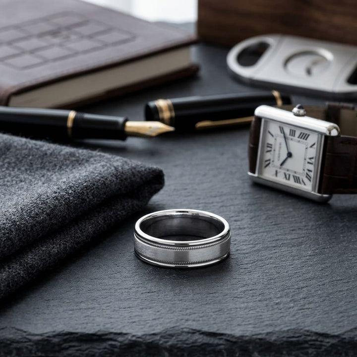 6mm Satin Finish Milgrain Round Edge Carved Wedding Band in 14K White Gold, on walnut surface with pocket square